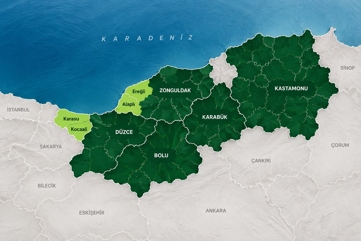 Batı Karadeniz bölge haritası: Düzce, Bolu, Zonguldak, Karabük, Kastamonu; Karasu, Kocaali, Ereğli ve Alaplı